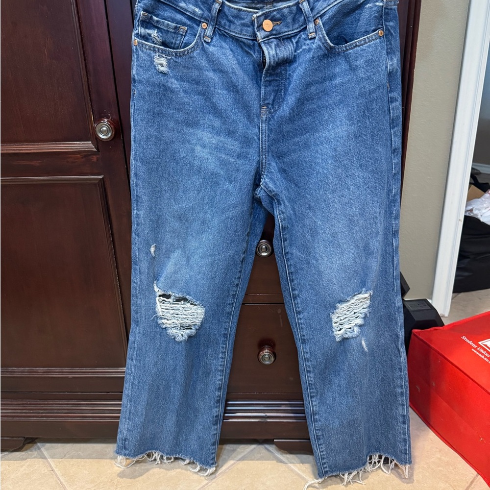 Express Mid Rise Medium Wash Ripped 90s Ankle Boot Jeans